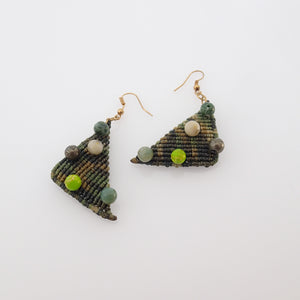 Triangle macrame earrings, Handmade in Canada, Drop earrings, Colour variation, Natural gemstones, Base alloy hooks, Camuflage Green