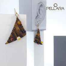 Load image into Gallery viewer, Triangle macrame earrings, Handmade in Canada, Drop earrings, Colour variation, Natural gemstones, Base alloy hooks, Camuflage Brown