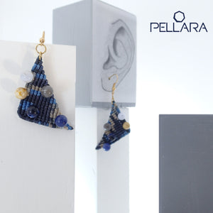 Triangle macrame earrings, Handmade in Canada, Drop earrings, Colour variation, Natural gemstones, Base alloy hooks, Camuflage Blue