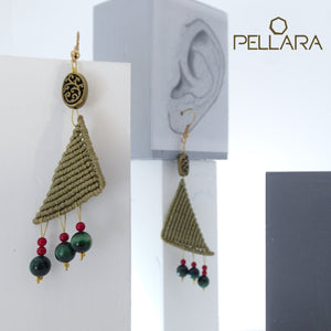 Triangle macrame earrings, Handmade in Canada, Drop earrings, Colour variation, Natural gemstones, Base alloy hooks, Dark Khaki