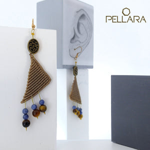Triangle macrame earrings, Handmade in Canada, Drop earrings, Colour variation, Natural gemstones, Base alloy hooks, Khaki