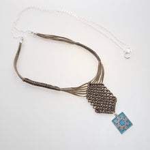 Load image into Gallery viewer, Blue framed star, macrame jewellery set, Sterling silver chain and four pieces of enamelled pendants. Adjustable, Handmade, khaki theme