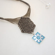 Load image into Gallery viewer, Blue framed star, macrame jewellery set, Sterling silver chain and four pieces of enamelled pendants. Adjustable, Handmade, khaki theme