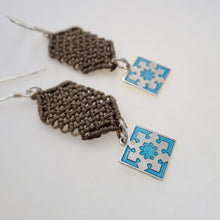 Load image into Gallery viewer, Blue framed star, macrame jewellery set, Sterling silver chain and four pieces of enamelled pendants. Adjustable, Handmade, khaki theme