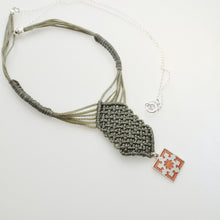 Load image into Gallery viewer, Bronze framed star, macrame jewellery set, Sterling silver chain and four pieces of enamelled pendants. Adjustable, Handmade, khaki theme