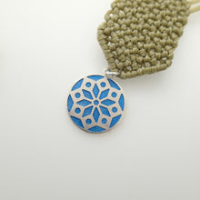 Load image into Gallery viewer, Blue Chrysanthemum flower, macrame jewellery set, Sterling silver chain and four pieces of enamelled pendants. Adjustable, Handmade