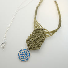 Load image into Gallery viewer, Blue Chrysanthemum flower, macrame jewellery set, Sterling silver chain and four pieces of enamelled pendants. Adjustable, Handmade