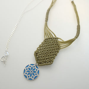 Blue Chrysanthemum flower, macrame jewellery set, Sterling silver chain and four pieces of enamelled pendants. Adjustable, Handmade