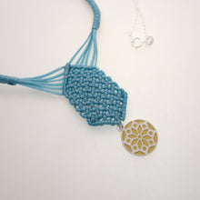 Load image into Gallery viewer, Golden Chrysanthemum flower, macrame jewellery set, Sterling silver chain and four pieces of enamelled pendants. Adjustable, Handmade, Turquoise