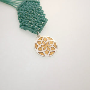 Golden Jasmine Flower, macrame jewellery set, Sterling silver chain and four pieces of enamelled pendants. Adjustable, Handmade, Bright Green theme