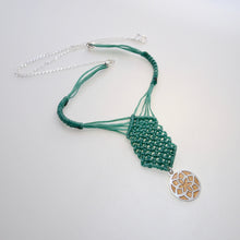 Load image into Gallery viewer, Golden Jasmine Flower, macrame jewellery set, Sterling silver chain and four pieces of enamelled pendants. Adjustable, Handmade, Bright Green theme