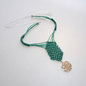 Golden Jasmine Flower, macrame jewellery set, Sterling silver chain and four pieces of enamelled pendants. Adjustable, Handmade, Bright Green theme