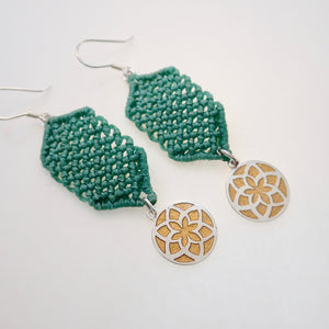 Golden Jasmine Flower, macrame jewellery set, Sterling silver chain and four pieces of enamelled pendants. Adjustable, Handmade, Bright Green theme