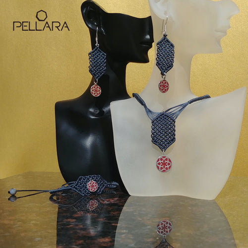 Red Jasmine Flower, macrame jewellery set, Sterling silver chain and four pieces of enamelled pendants. Adjustable, Handmade, Blue grey theme