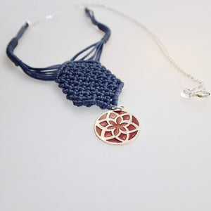 Red Jasmine Flower, macrame jewellery set, Sterling silver chain and four pieces of enamelled pendants. Adjustable, Handmade, Blue grey theme