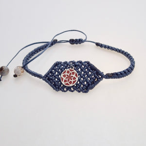 Red Jasmine Flower, macrame jewellery set, Sterling silver chain and four pieces of enamelled pendants. Adjustable, Handmade, Blue grey theme