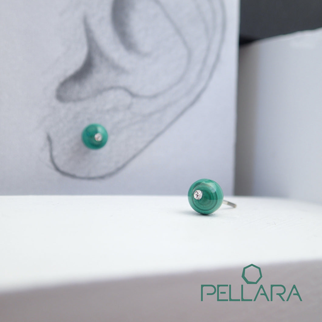 Sterling silver natural gemstone stud earrings contains a sparkling piece of Cubic Zirconia. Very light and hypo-allergenic, 6mm or 8mm beads. Malachite, Azurite Malachite