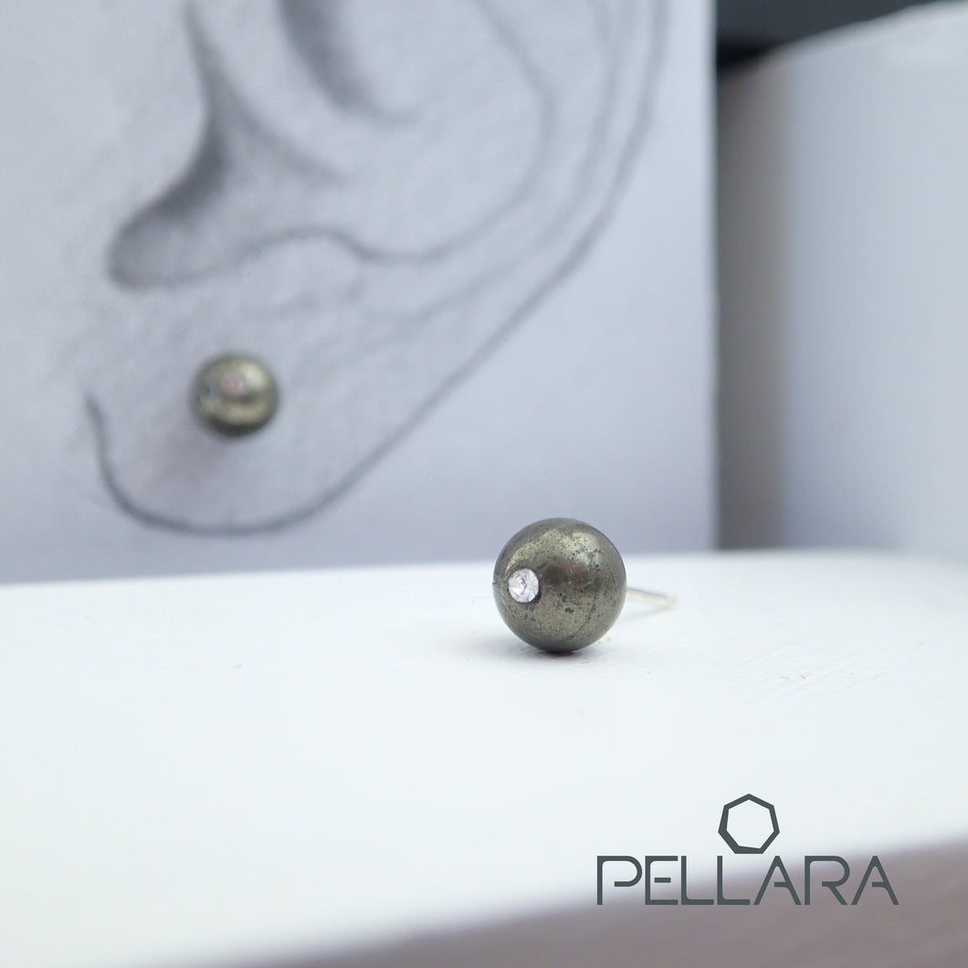 Sterling silver natural gemstone stud earrings contains a sparkling piece of Cubic Zirconia. Very light and hypo-allergenic, 6mm or 8mm beads. Pyrite